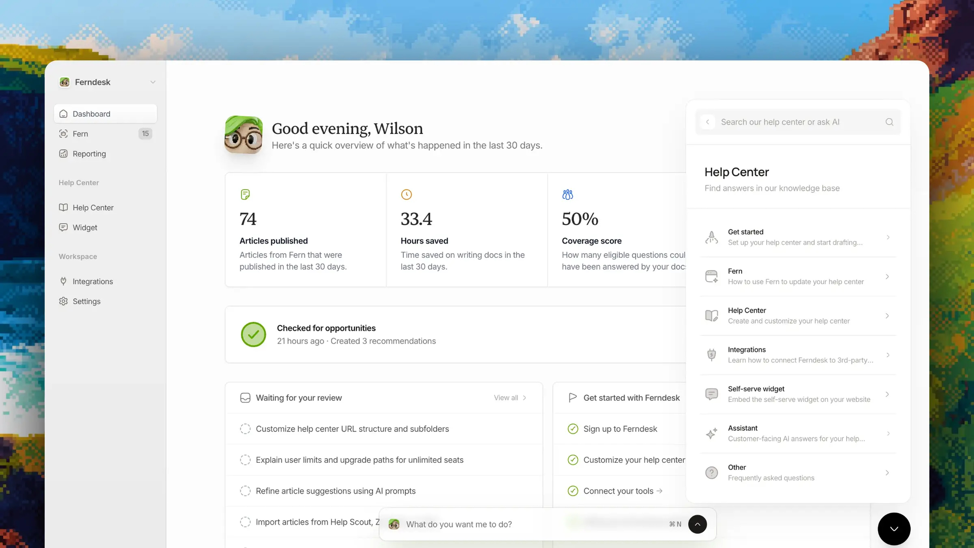 Ferndesk self-service help widget preview